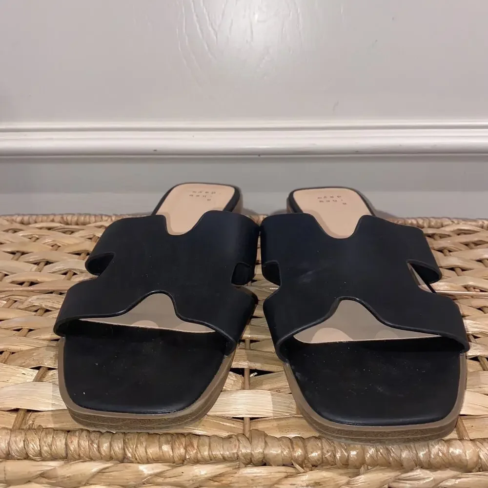 Nina Slide Sandals Sz 9.5 Women Black Faux Leather H-Band Casual Slip-On